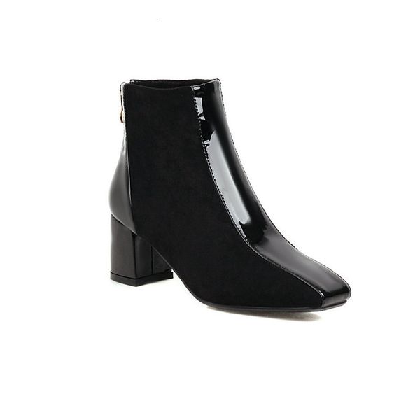 

2021 new patchwork women ankle square toe thick high heels shoes woman zippers party office lady boots size 41 42 43 1c2q, Black