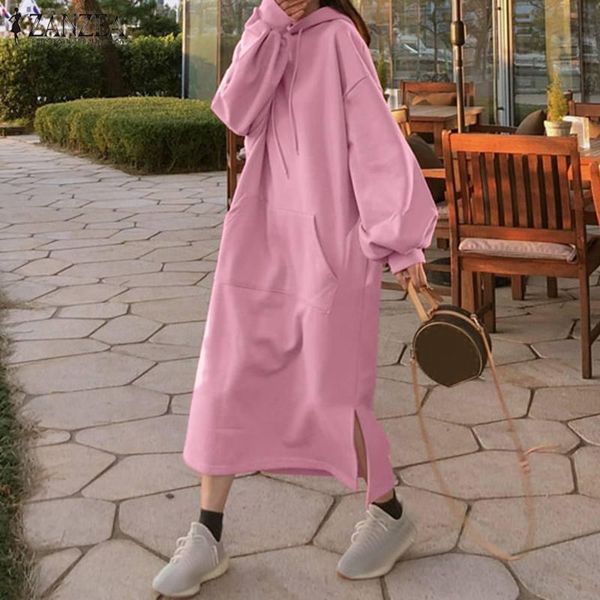 

2021 fashion solid hoodies sweatshirts dress zanzea women casual hooded vestidos autumn long sleeve maxi robe female plus size, Black;gray
