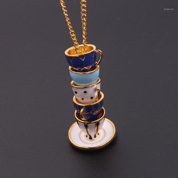 

pendant necklaces 2021 hand painted enamel necklace multiple teacup long chain choker bijoux femme bijuteria women jewelry gifts1, Silver