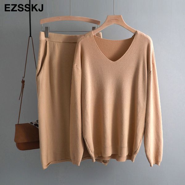 

v-neck lazy oversize sweater suit dress women casual loose sweater +straight skirt with pocket feamle sweater set dress x0923, Gray