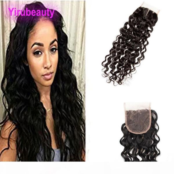 

indian 4x4 lace closure baby hair natural color water wave indian human hair closures water wave curly, Black;brown