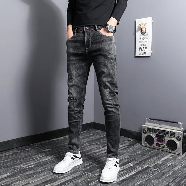 

newly designer fashion men jeans retro vintage black gray slim casual denim trousers korean style elastic ripped cotton pants, Blue
