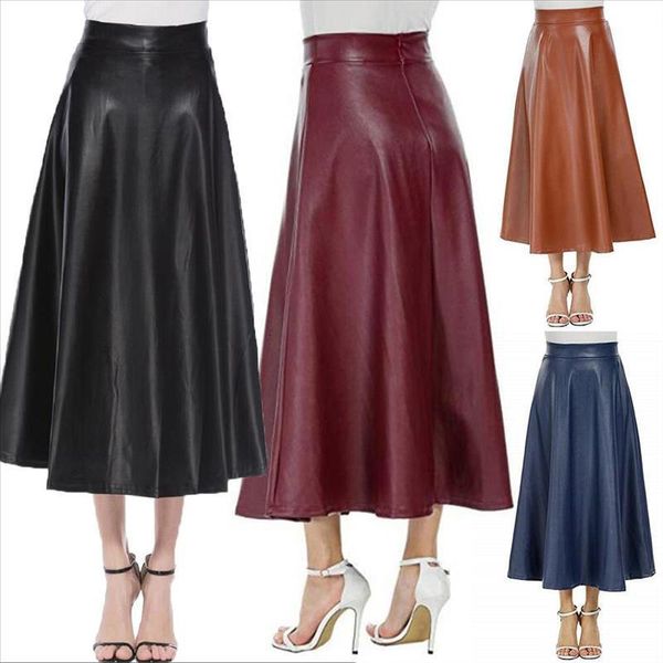 

fashion women solid color faux leather high waist zipper large swing long skirt, Black