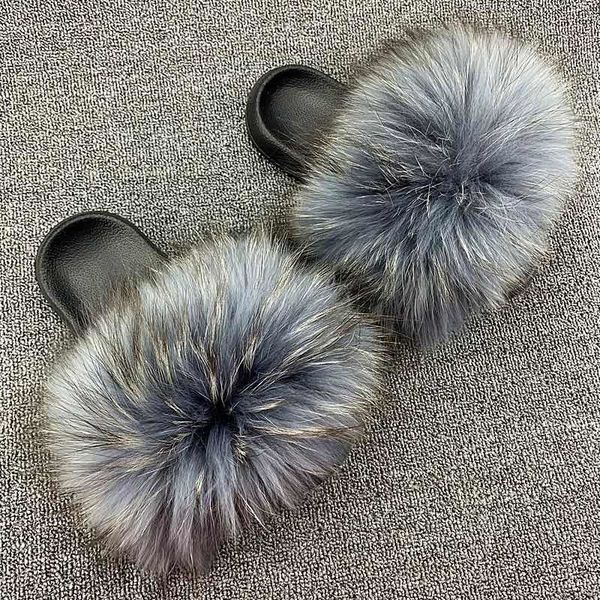 

new woman fluffy raccoon fur slippers furry fur slides real fox hair sandals casual flat home plush slippers woman outdoor shoes x1020, Black
