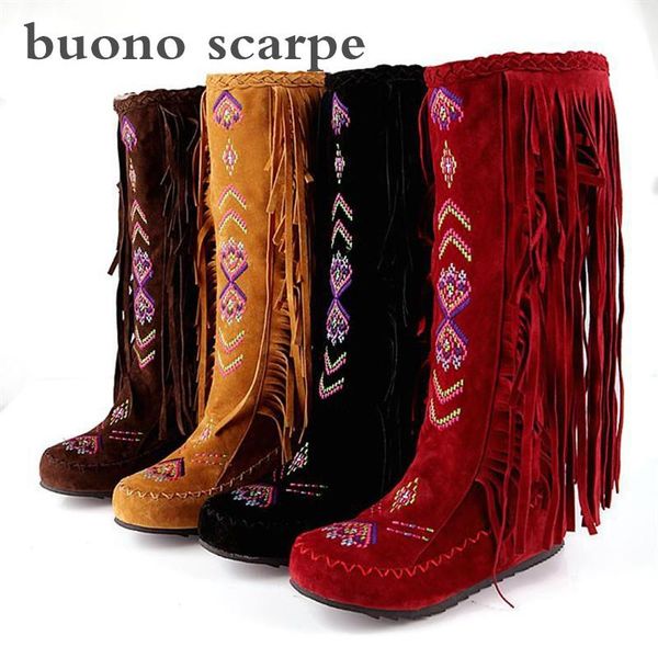 

wholesale spring and autumn women's boots new fashion casual fringe boots single flat high, Black