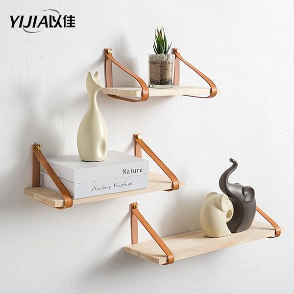 

hooks & rails nordic style wooden retro hanging rack wood shelf wall decoration household with leather belt