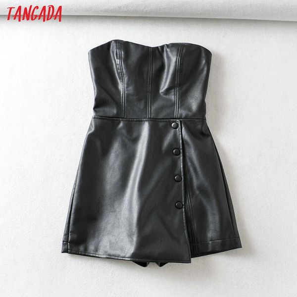 Tangada moda mulheres preto faux couro strapless playsuit manga longa zíper vintage feminino sexy macacão 6a342 t200704