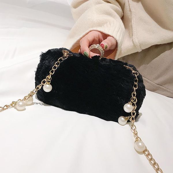 

faux fur box bag brand evening bag for women fashion ladie pearl wedding clutches handbag chain shoulder bags plush bolsas mujer