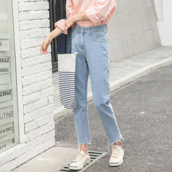 

2020 spring new chic straight jeans female high waist loose pants wild first love students wide leg nine points jean pants1, Blue