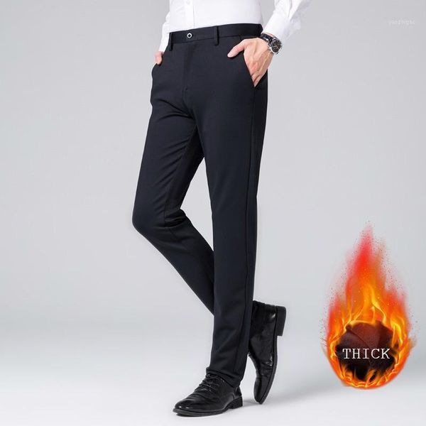 

winter elastic navy blue long dress pants man slim fit straight thick warm formal suit pants plus size business office wear, White;black