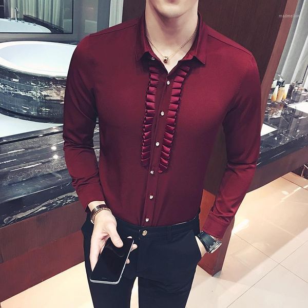 

men's dress shirts pleated mens shirt party wedding social pattern men fitted male black wine red white metrosexula dinner1, White;black