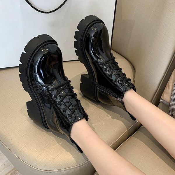 

boots black patent leather platform woman zip lace up motorcycle botas drop winter women chunky high heels ankle