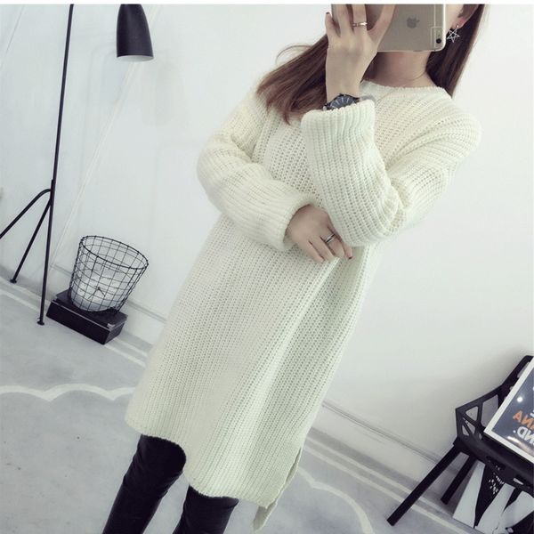 

new winter women's knitwear knitwear korean version of commuting mid long style with slit hem and loose thick needle knitted sweater fo, White;black
