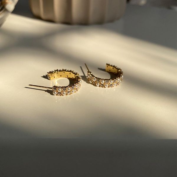 

vintage gold metal pearl c-shaped hoop earrings geometric irregularity for women girls party travel jewelry, Silver