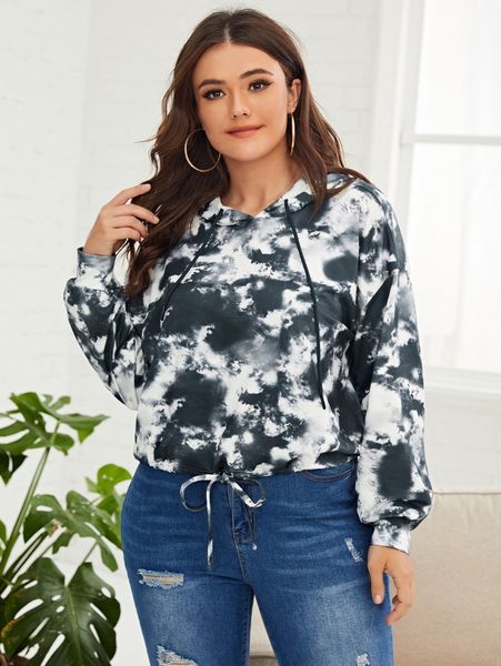 

plus tie dye drop shoulder drawstring hem hoodie s7sf#, Black