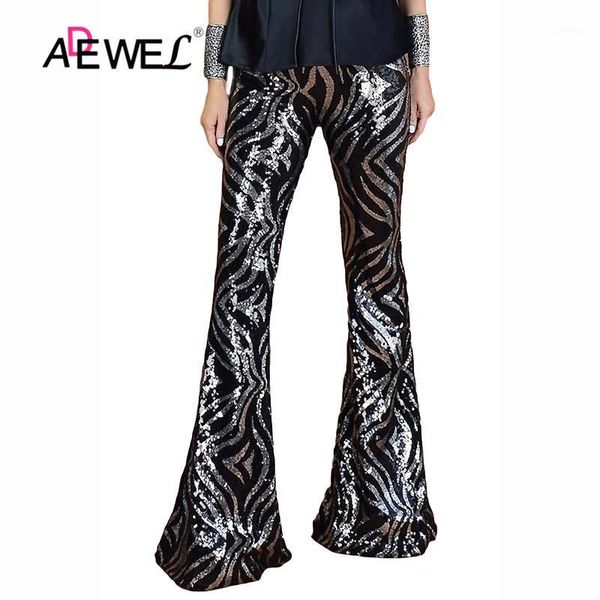 

adewel silver patchwork flare sequin pants women party glitter wide leg trousers nightclub shiny high waist flare pants1, Black;white