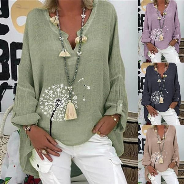 

fashion new women blouses long sleeve casual plus size dandelion floral print loose v neck shirt blouse 30, White
