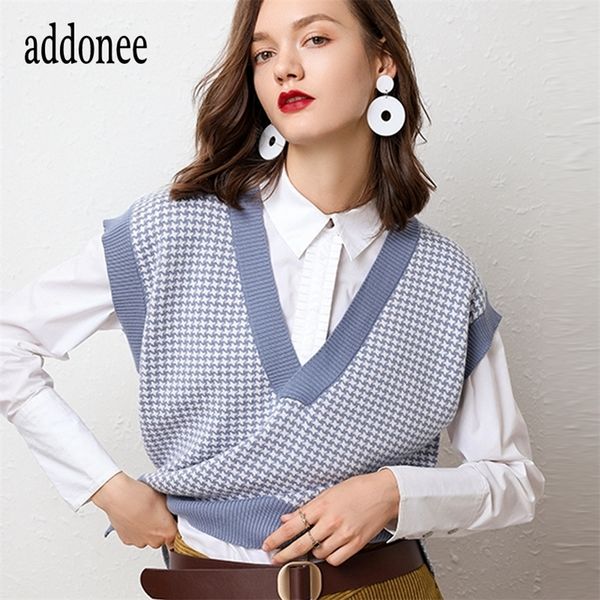 

england style houndstooth pattern fashion loose spring autumn winter cashmere knit v-neck women female sweater vest casual 201202, White;black