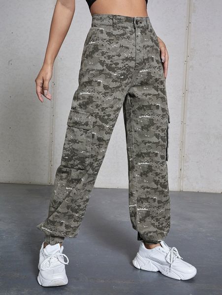 

high waisted camo print cargo jeans w4ip#, Blue