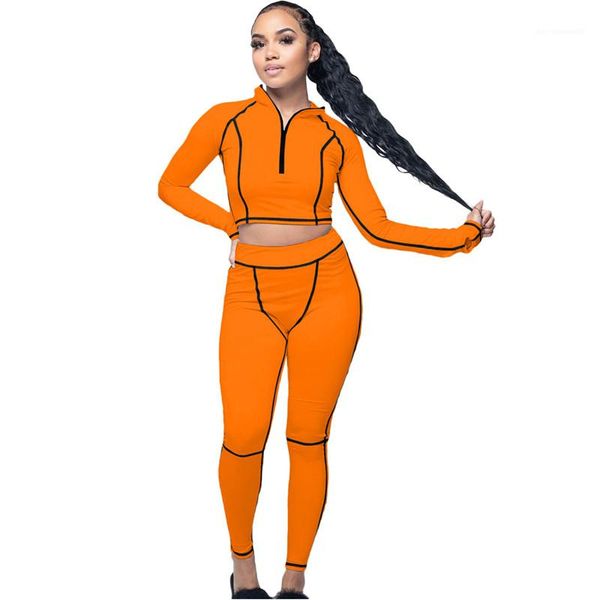 

two piece sets slim womens with zipper tracksuits fashion panelled womens two piece pants casual high neck, White