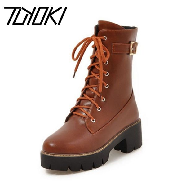 

boots tuyoki size 34-43 women high heel platform zipper mid calf botas vintage fashion short woman footwear, Black