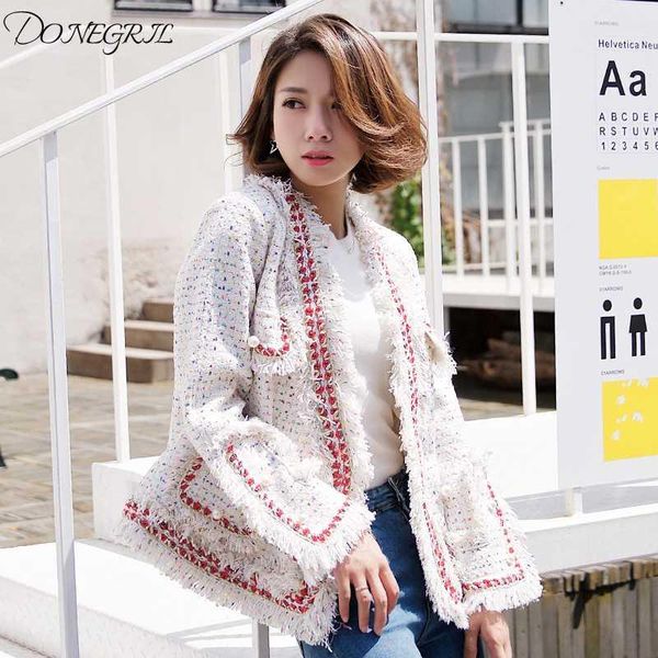 

2020 new designer women tweed jackets v neck 2020 spring autumn women's long sleeve pearl button slim tweed coats1, Black;brown