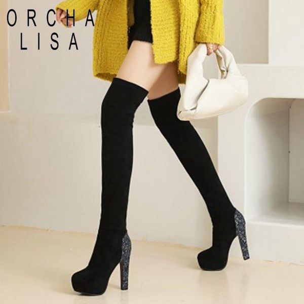 

orcha lisa 2020 упругие над коленом boots для женщин высокие сапоги платформа ночной клуб блестки зимняя обувь стрейч, Black