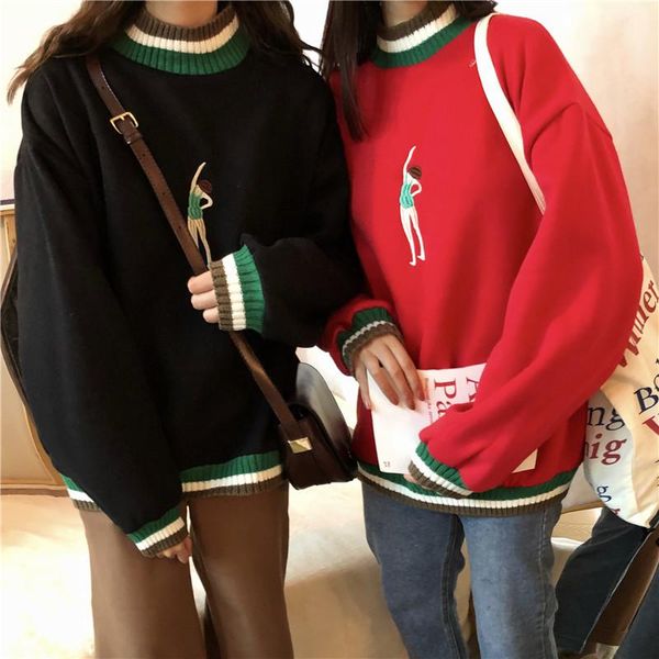 

women's hoodies & sweatshirts harajuku fashion long sleeve loose women chic embroidery striped student sweatshirt plus velvet sweet pul, Black