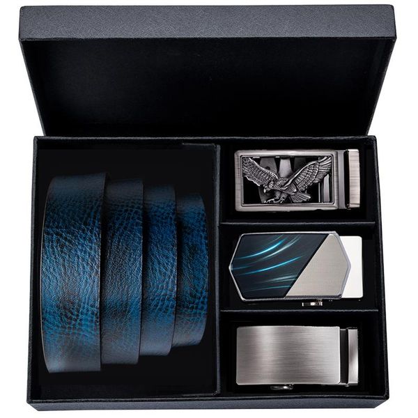 

casual style cowboy cowskin genuine leather belts for men brand designer automatic buckle belt blue leather belt and gift box, Black;brown