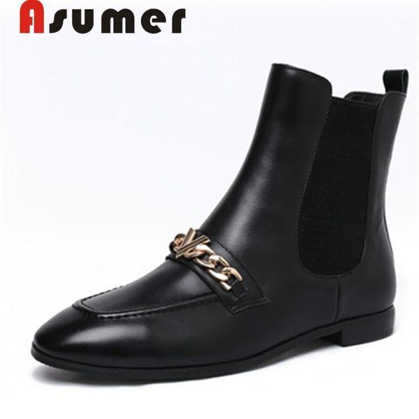

boots asumer 2021 slip on ankle for women solid simple winter square toe thick heels genuine leather1, Black