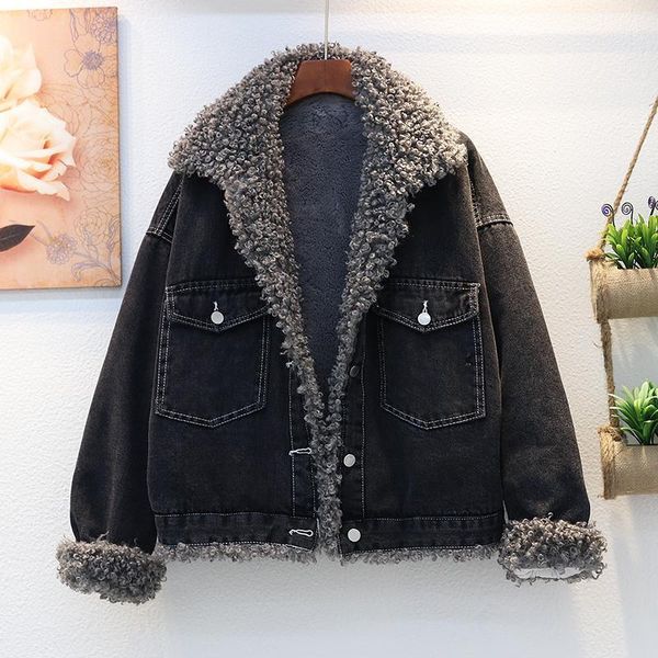 

ewq] 2020 winter woman turn down collar long-sleeved cashmere loose splicing denim minimalist cardigan lambfur coat 8d7571, Black;brown