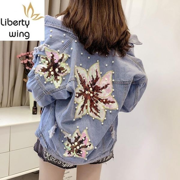 

hole ripped long sleeve single breasted lapel women denim coats spring new brand embroidered flares sequins female loose jackets1, Black;brown