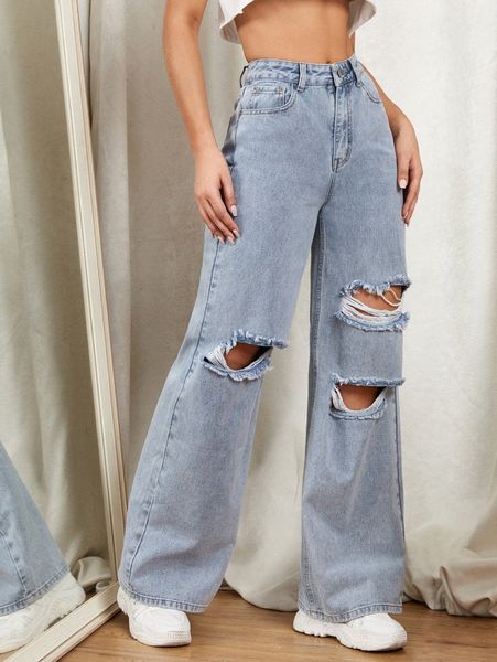 

zipper fly ripped detail wide leg jeans m2nk#, Blue