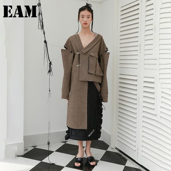 

women's wool & blends [eam] loose fit big size irregualr pocket woolen coat parkas long sleeve women fashion tide autumn winter 2021 1d, Black