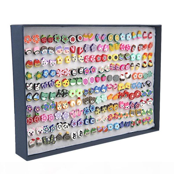 

wholesale 100 pairs set handmade plant fruit stud earrings sets mix girl kids minimalist jewelry flower polymer clay earrings gift, Golden;silver