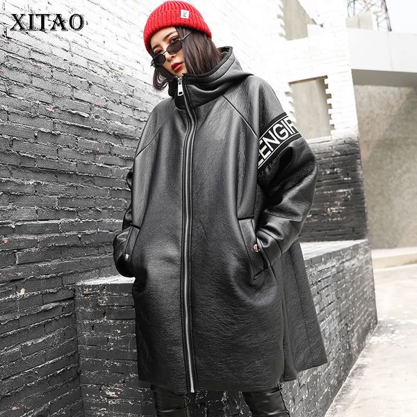 

xitao irregular patchwork pu thick trench women clothes fashion loose casual letter hooded collar coat winter lj201128, Tan;black