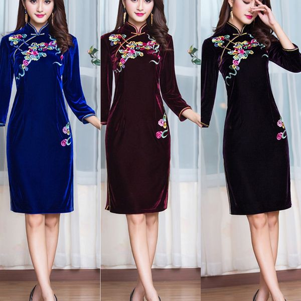 

китайской классической золотого бархат мать cheongsam свадьба dresslong юбка dressdress улучшился вышитой длина средней китайского платья е, Black;gray