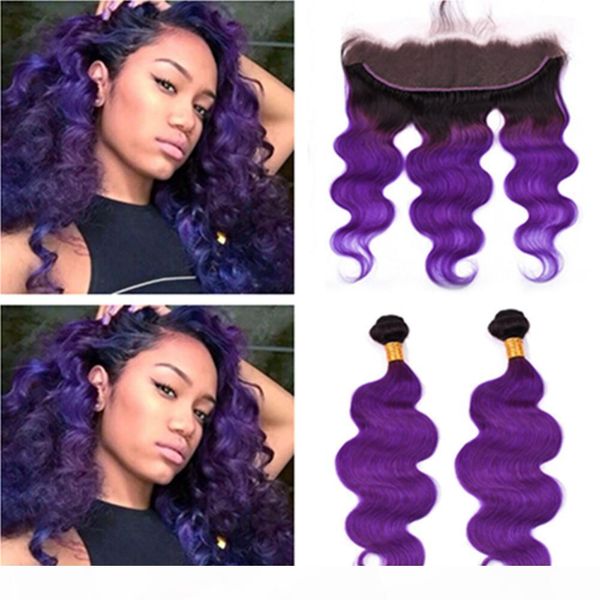 

peruvian human hair ombre purple weave bundles with frontal #1b purple ombre body wave human hair 2bundles with 13x4 lace frontal closure, Black;brown