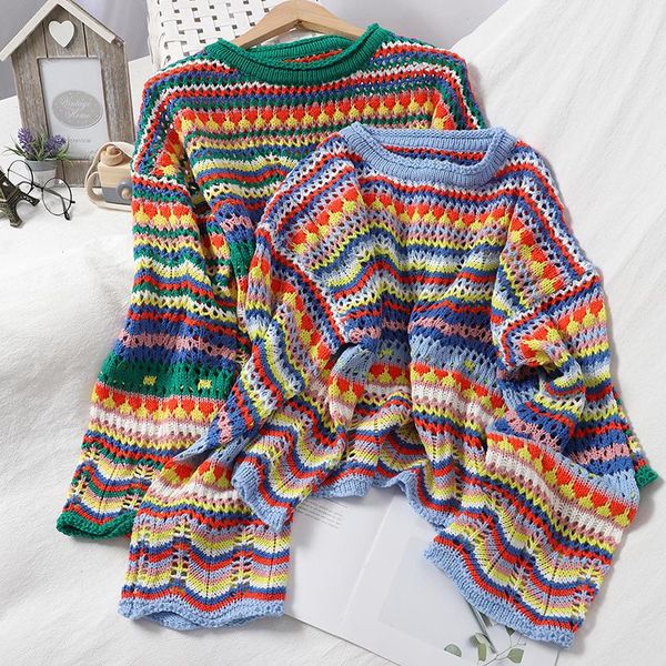 

autumn girl color color striped collared sweater hollow korean knitted sweater women long pullovers striped loose, White;black