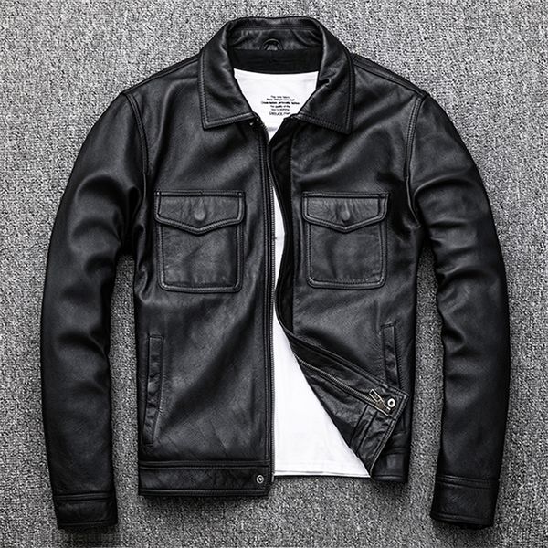 

genuine leather jacket.winter warm casual black men cowhide clothes.quality plus size leather coat.54-56 slim 201119