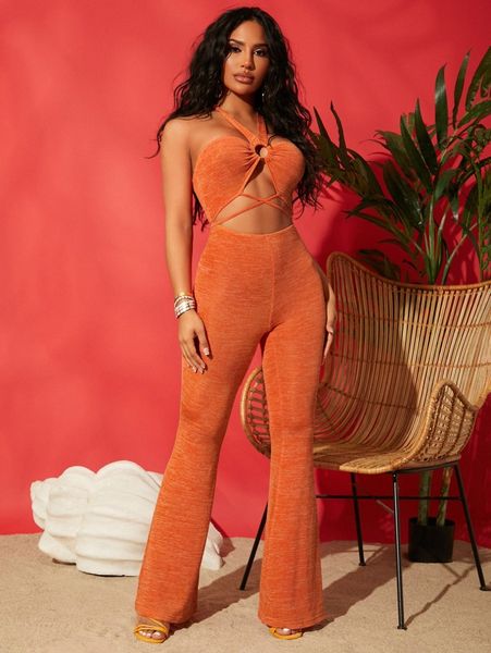 

sxy o-ring detail crisscross cut-out flare leg jumpsuit l3zq#, White