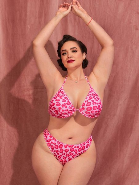 

plus leopard halter push up high waisted bikini swimsuit 00ju#, Black