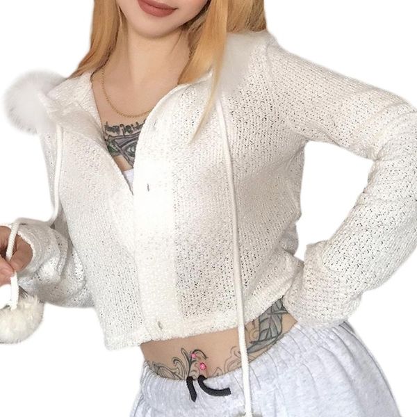 

autumn long sleeve hooded coat women fluffy plush patchwork pompom drawstring sweater coat solid color slim white knitwear top, Black;brown