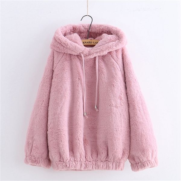 Harajuku Kawaii Plush Hoodie macio inverno pulôver mulheres com orelhas de urso bonitos sólidos outerwear moletom com moletons 201212