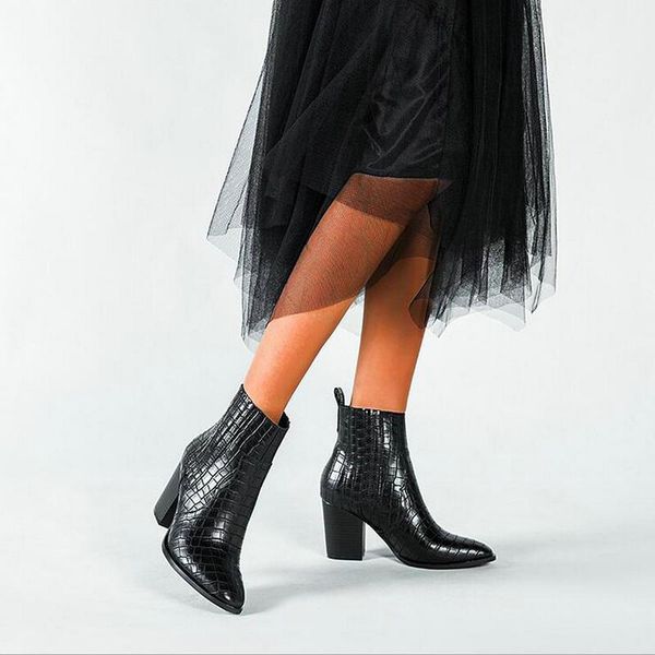 

women winter ankle boots square heels blue pu leather flock autumn bota feminina stiletto mid heels boots shoes drop ship1, Black