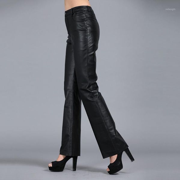 

lady 2020 office real flare women full length genuine leather trousers slim plus size wide leg pants female1, Black;white