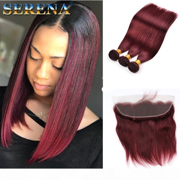 

wine red 99j straight hair 3 bundles with lace frontal closure brazilian hair 3 bundles with closure burgundy virgin human hair weaves, Black;brown