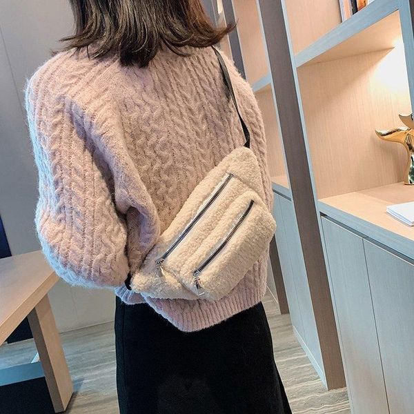

2020 pack women cute fanny chest pack fashion solid color casual plush crossbody purse soft fleece waist belt bag