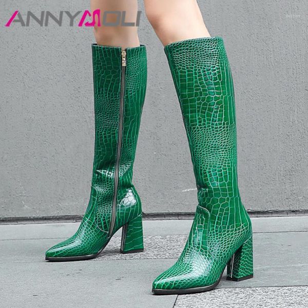 

boots annymoli knee high heel woman block long zipper pointed toe female shoes autumn winter green size 431, Black