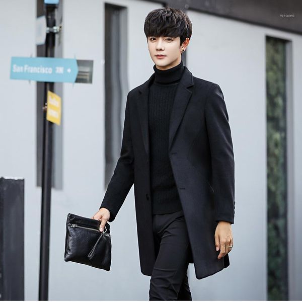 

woolen cloth cloth coat in the men's windbreaker long coat with thick style in the fall and winter of new 20201, Black